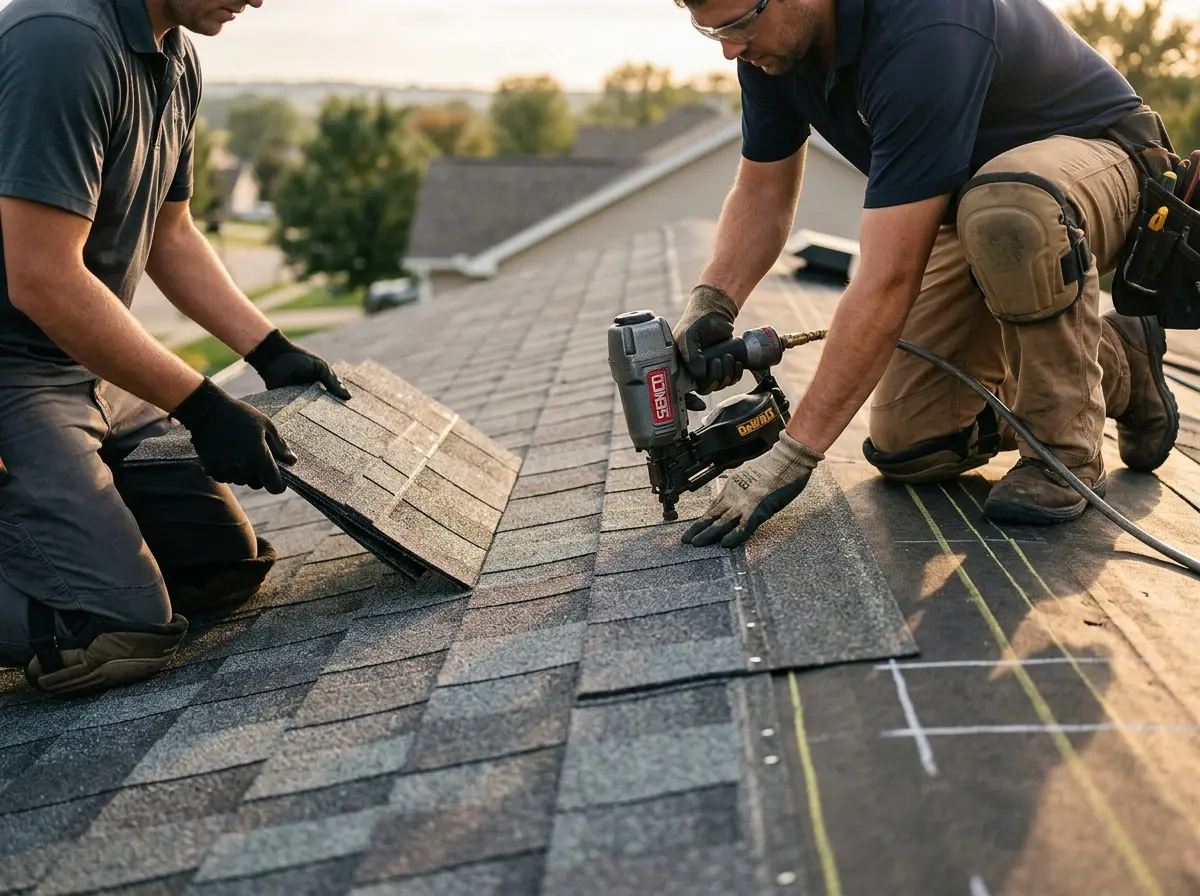Professional roofer working on a residential roof in Plain City
